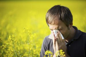 man sneezing from allergies in a field of flowers