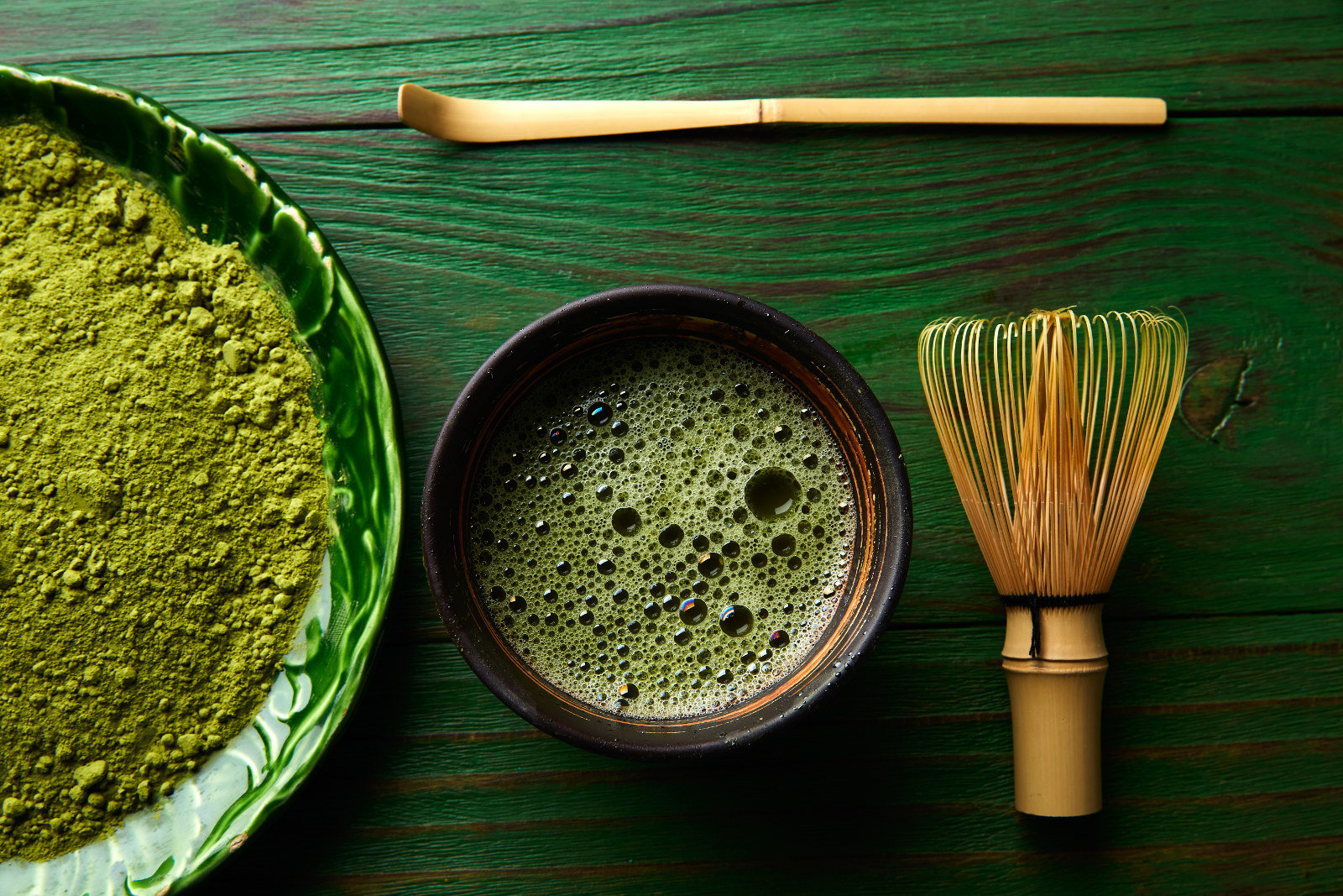 Matcha tea powder bamboo whisk chasen and spoon for making Japanese green tea