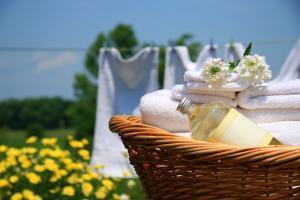 clothes drying on a line and laundry in a basket